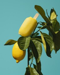 An ice pop intertwined with real lemons on a leafy branch against a clear turquoise sky