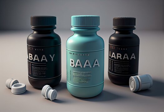 3d render of BCAA bottles with pills over white. Generative AI