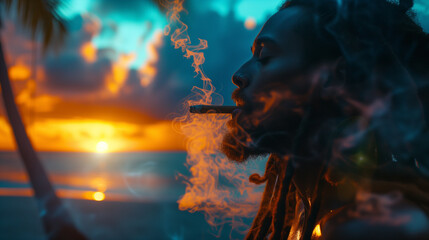 Afro American man with dreadlocks smoking cigar, reggae theme, sunset on the beach, orange and...