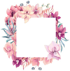 Tropical frame with watercolor pastel colored orchid flowers and buds - 733871092