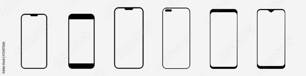 Poster set of vector modern phones with blank screen on isolated background. phone mockup in front. mobile 