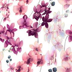 Seamless pattern of watercolor light pink ad purple orchid flowers - 733871229