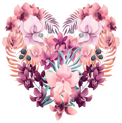 Heart made of watercolor pastel colored orchid flowers and palm leaves - 733871233