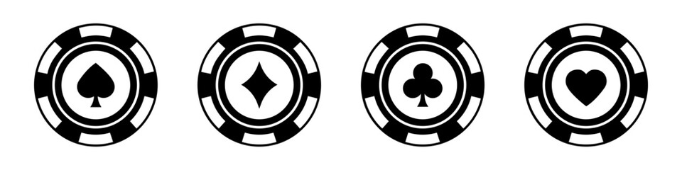 Poker chips black icons vector set. Flat poker symbols with spades, hearts, diamonds, clubs. Isolated Casino poker chip logo. Vector EPS 10 © thebeststocker