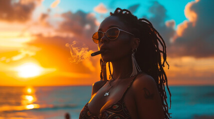 Portrait of Afro American woman in bikini, smoking cigar, enjoy. Afro-Colombian reggae summer...