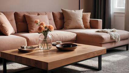 A minimal living room, featuring a close-up of a wooden coffee table near a sofa, set in a palette of trendy peach colors.