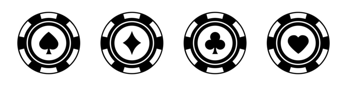 Poker chips black icons vector set. Flat poker symbols with spades, hearts, diamonds, clubs. Isolated Casino poker chip logo. Vector EPS 10
