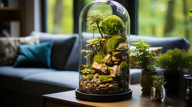 Terrarium with plants in the living room adding freshness and natural ene