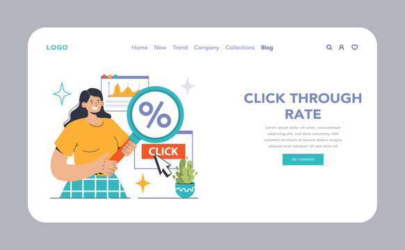 Expert marketer examines Click Through Rate metrics on a digital dashboard. Highlighting CTR improvements, data-driven strategies. Engaging user interactions and web performance. vector illustration