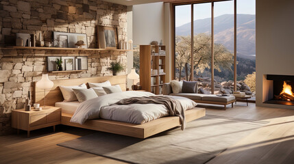 The bedroom in the Scandinavian style with a spacious bed and natural materi
