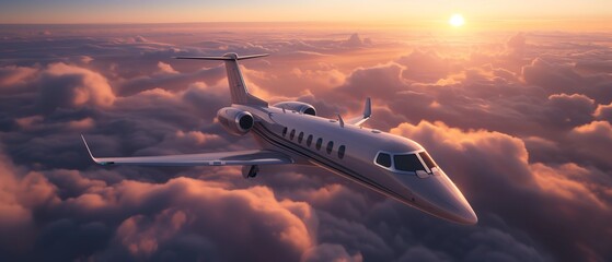 Luxurious Private Jet Soaring Over Clouds at Sunset