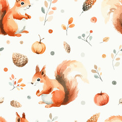 Seamless pattern with cute squirrel. Hand Drawn vector illustration