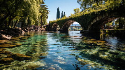 The bridge on a sunny day, surrounded by crystal clear water, which emphasizes its elegance and tr