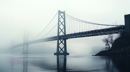 The bridge over the foggy channel, which forms a mystical landscape with a long point lost in the