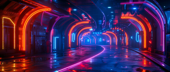 A neon-lit tunnel at night, showcasing a cyberpunk aesthetic with grunge elements. Vibrant red and blue lights reflect on the wet floor, creating a captivating perspective.