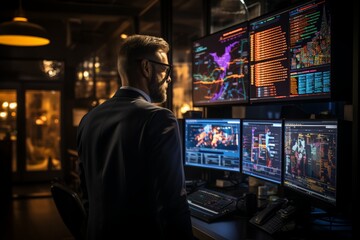 Fototapeta premium Male engineers working in front of a computer screen in an industrial factory.