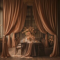 Fototapeta premium A beautifully arranged dining space with a vintage appeal, featuring velvety drapes and a floral centerpiece