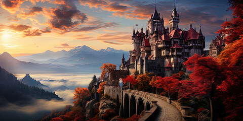 The castle, highly located on the top of the mountain, surrounded by colorful trees, creates a mag
