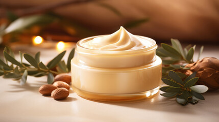 Fototapeta na wymiar Natural organic cosmetics. Cream with extract of Argan oil