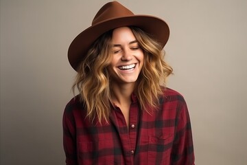 Portrait of a beautiful young woman wearing a cowboy hat and smiling