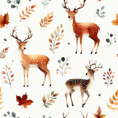 Seamless pattern with cute wild deer. Hand Drawn vector illustration.
