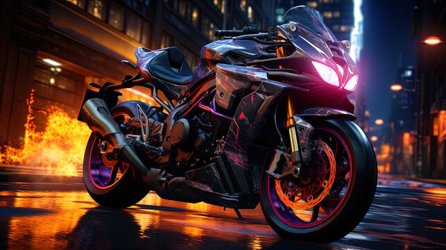 The free spirit of Ryder, conquering the road on a powerful neon motorcycle standing out in a dark