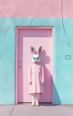 Quirky person in rabbit costume posing in front of a pink door and turquoise wall