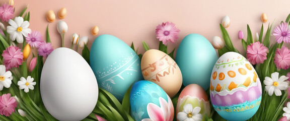Fototapeta na wymiar banner colorful easter eggs with flowers, easter card.
