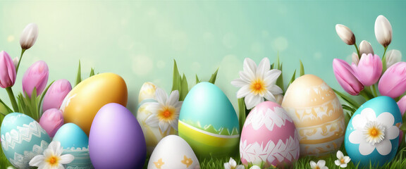 Fototapeta na wymiar banner with easter theme colored background, eggs and colorful flowers with copy space.