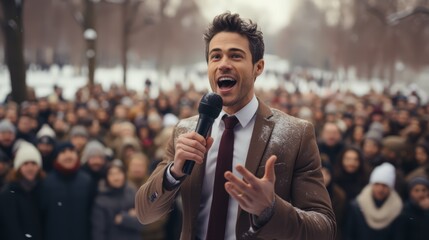 A businessman anchor standing in front of the public with a microphone.