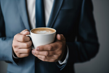 Coffee break, close-up of a businessman's hands in a suit holding a cup of delicious coffee, a moment of relaxation and rest from work.