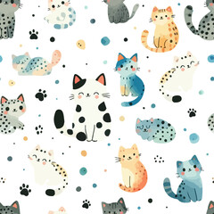 Seamless pattern with watercolor cute cats. Hand Drawn vector illustration.