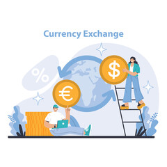 Currency Exchange concept. Streamlining global transactions with easy currency conversion. Bridging financial borders with efficient exchange services. Flat vector illustration.