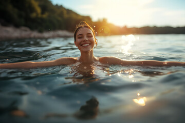 Girl Swimming in the Serene Lake