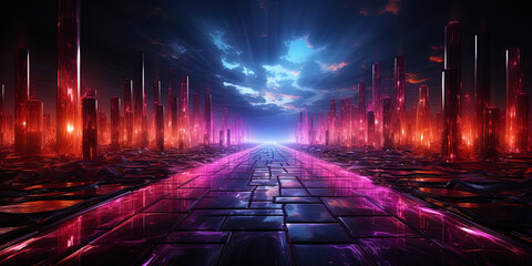 The neon path, immersed in incredible light, as if illuminating the path into a parallel w