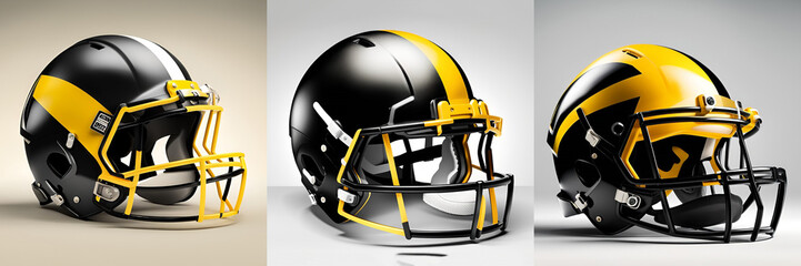 Fototapeta premium Black and yellow helmets by various sports equipment ,American footballs, hockey gear