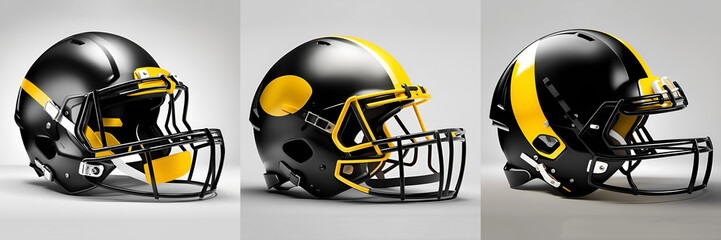 Black and yellow helmets by various sports equipment ,American footballs, hockey gear