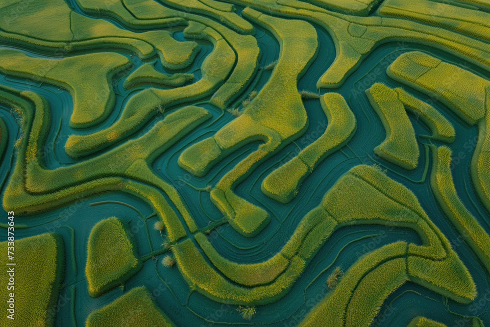 Poster surreal labyrinth like landscape inspired by the rice fields in vietnam. background image. created w