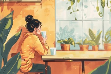 A woman in a coffee shop drinking coffee and thinking for herself
