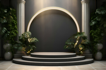 Podium with black marble floor and golden arch. 3d render
