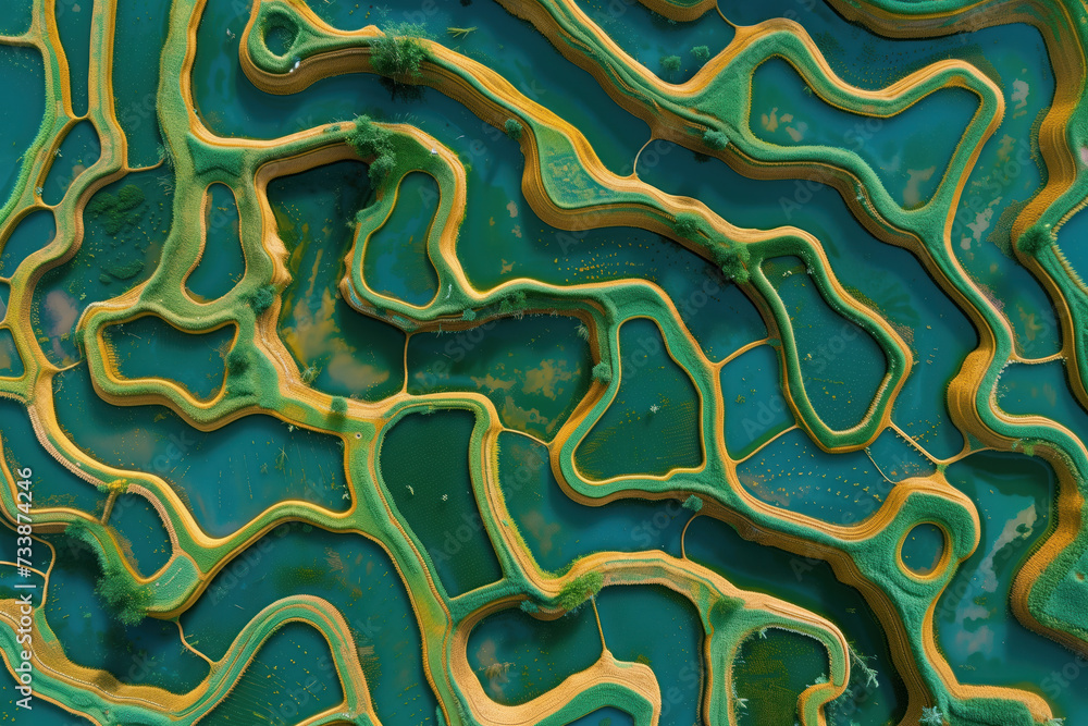Poster surreal labyrinth like landscape inspired by the rice fields in vietnam. background image. created w