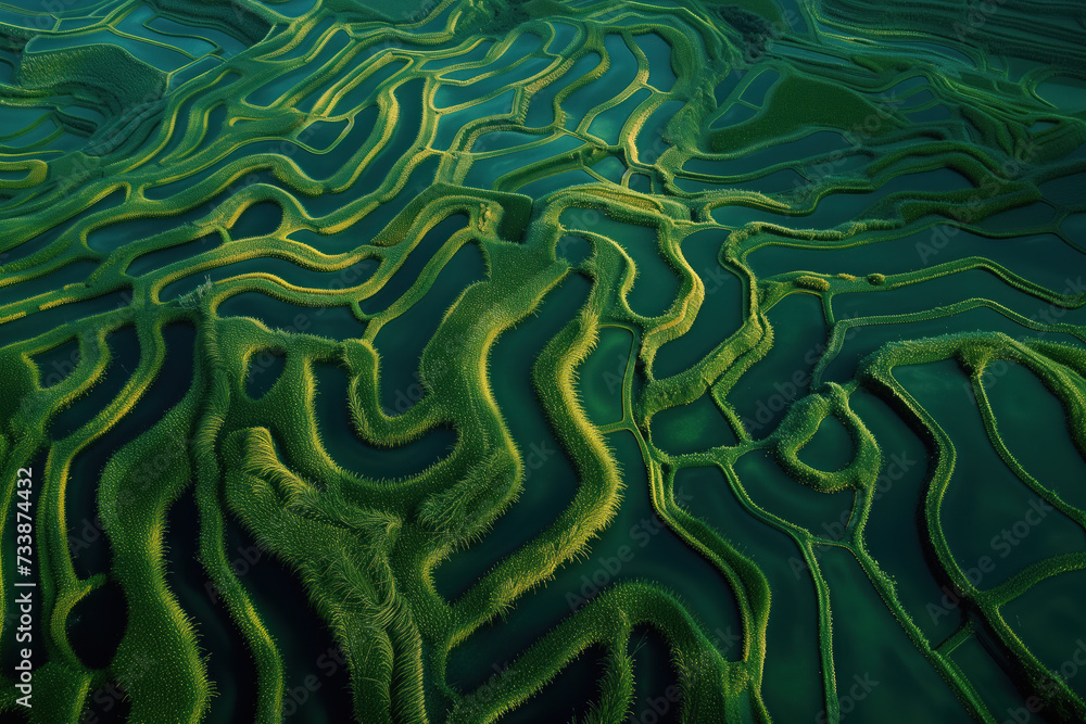 Poster surreal labyrinth like landscape inspired by the rice fields in vietnam. background image. created w