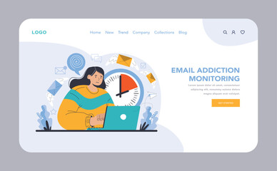 Internet addiction web or landing page. The image reflects the compulsive need to constantly check emails, a visual commentary on email addiction's impact on daily life. Flat vector illustration.
