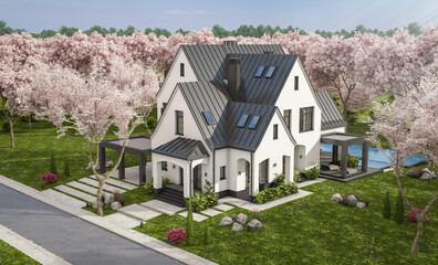 3d rendering of cute cozy white and black modern Tudor style house with parking  and pool for sale or rent. Fresh spring day with a blooming trees with flowers of sakura.