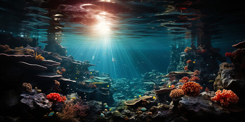 The sun's rays penetrate into the depths of the ocean, highlighting the bright shades of sea stars