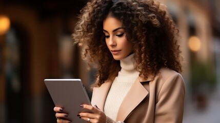 Cheerful businesswoman holding a tablet standing