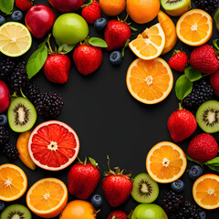 a bunch of fruits on a black background