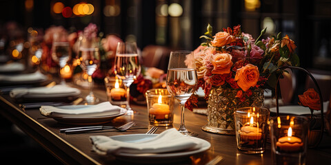The table in a cozy restaurant, decorated with fresh flowers and candles, with champagne glasses f