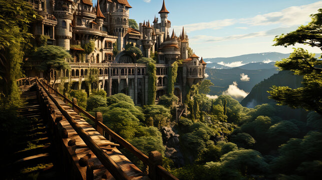 The view of the castle, surrounded by dense forests, where each sheet of wood seems to emphasize t