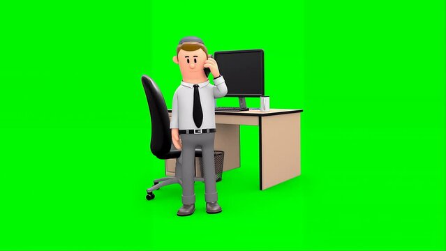 3D Animated Muslim Businessman Talking on Phone Call While Standing in Front of His Desk. Arabic Employee Calling Someone During Job.